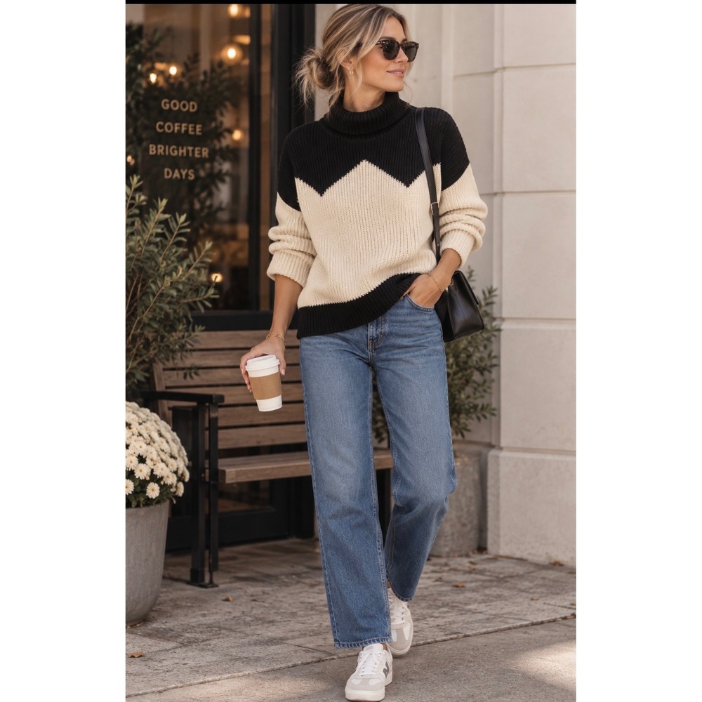 The Reeds for J.Crew Womens Small Black Ivory Colorblock Turtleneck Sweater